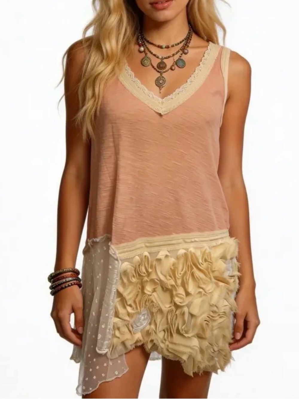 Free People Blush Peach & Cream Boho Textured Feminine Mini Dress sz SP